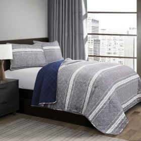 Navy Stripe Motif 100% Cotton Reversible Quilt Coverlet Bedspread Set (size: Queen)