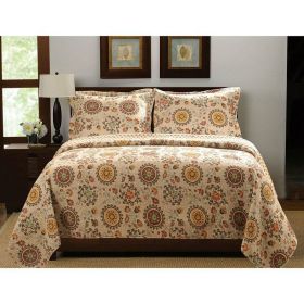 Retro Moon Shaped Floral Medallion Reversible 3 Piece Quilt Set (size: King)