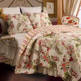 3-Piece Cotton Quilt Set in Pink Beige Floral Butterflies (size: Twin)