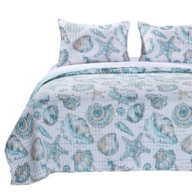 Coastal Seashells Polyester Reversible Quilt Set (Color: white teal, size: Twin)