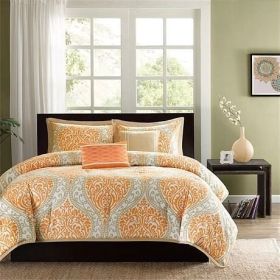4-Piece Damask Print Comforter Set (Color: orange white, size: Twin)