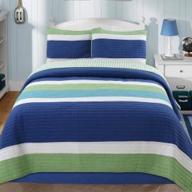 Striped 100-Percent Cotton Quilt Set (Color: navy blue green teal white, size: Twin)