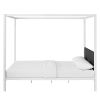 White Metal Canopy Bed Frame with Grey Fabric Upholstered Headboard